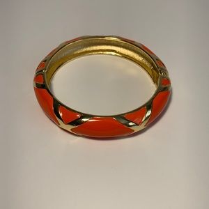Enameled Bangle Bracelet Coral Orange Gold Tone Spring Closure